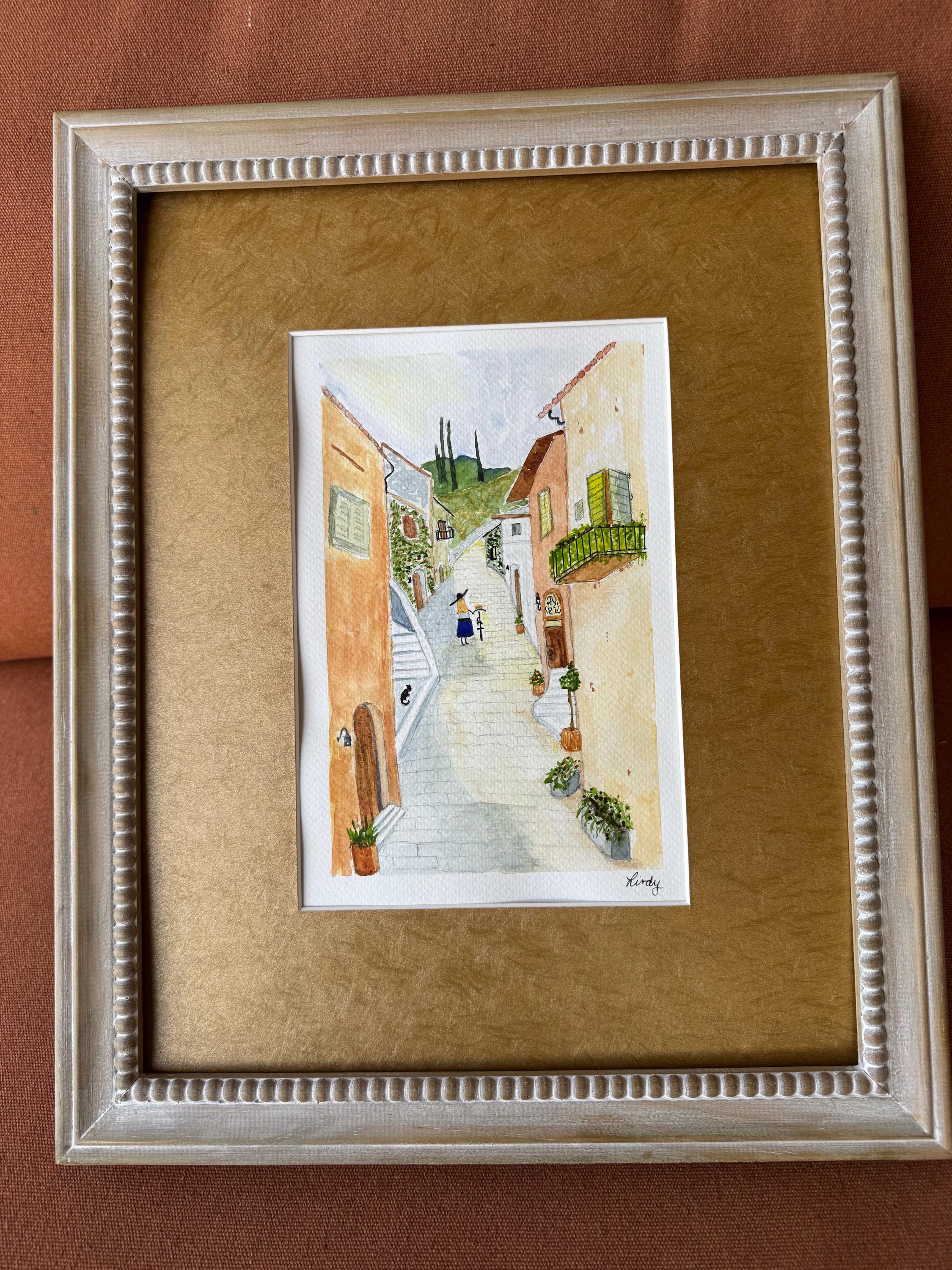 Hand painted watercolor girl with bicycle 7x10"
