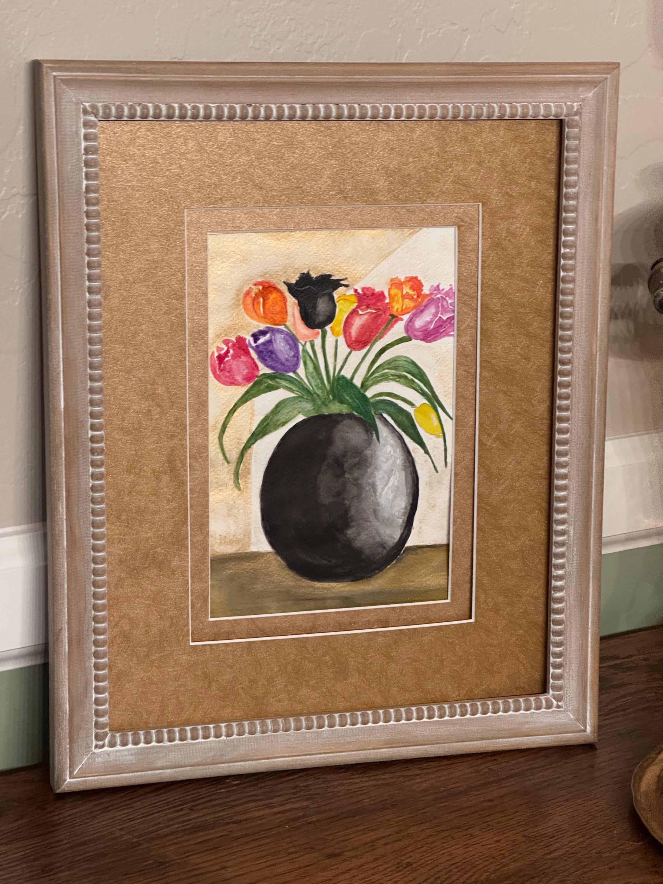 Tulips in black vase- an original watercolor