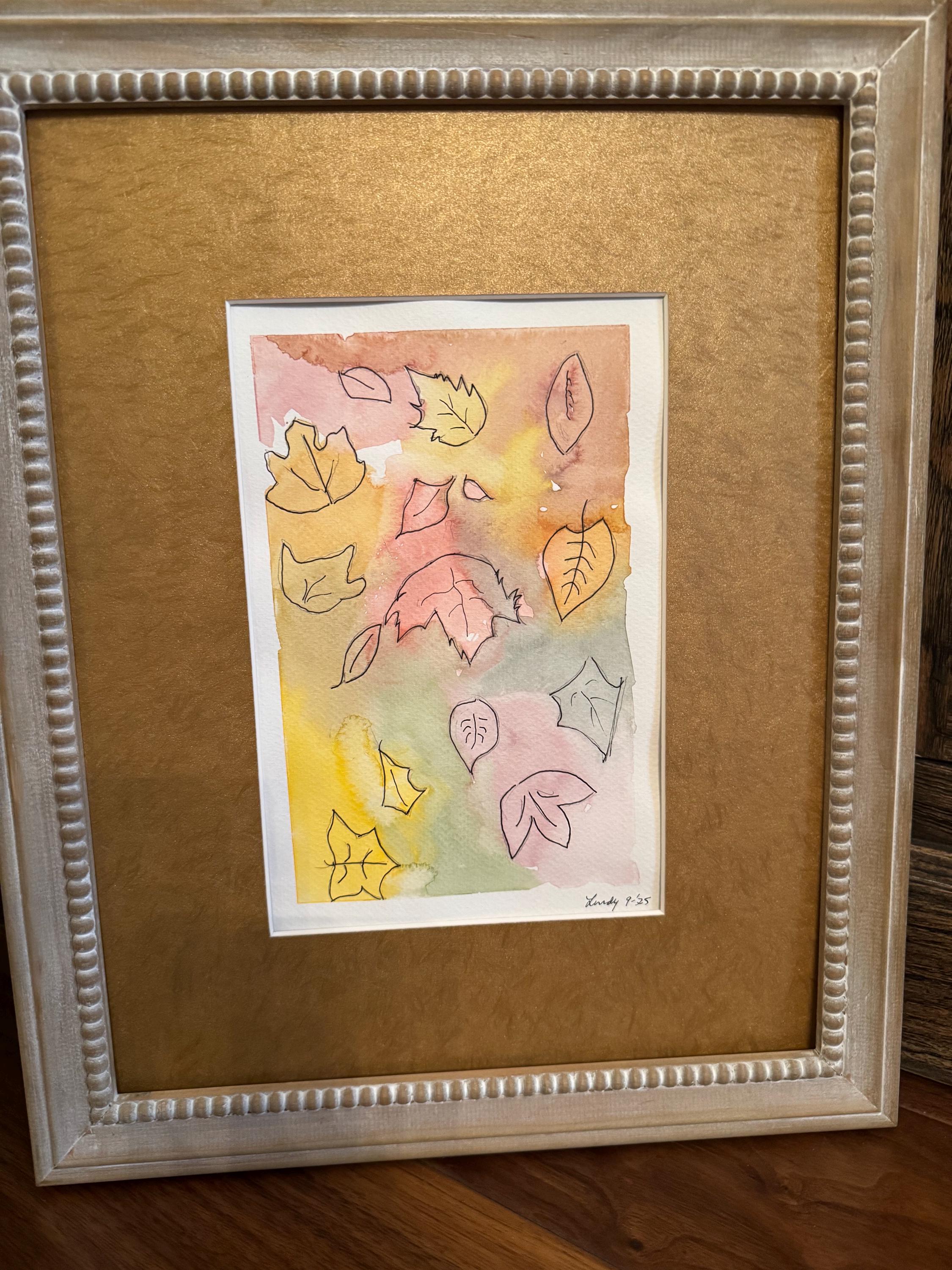 Original Pastel Watercolor falling leaves 7x10"