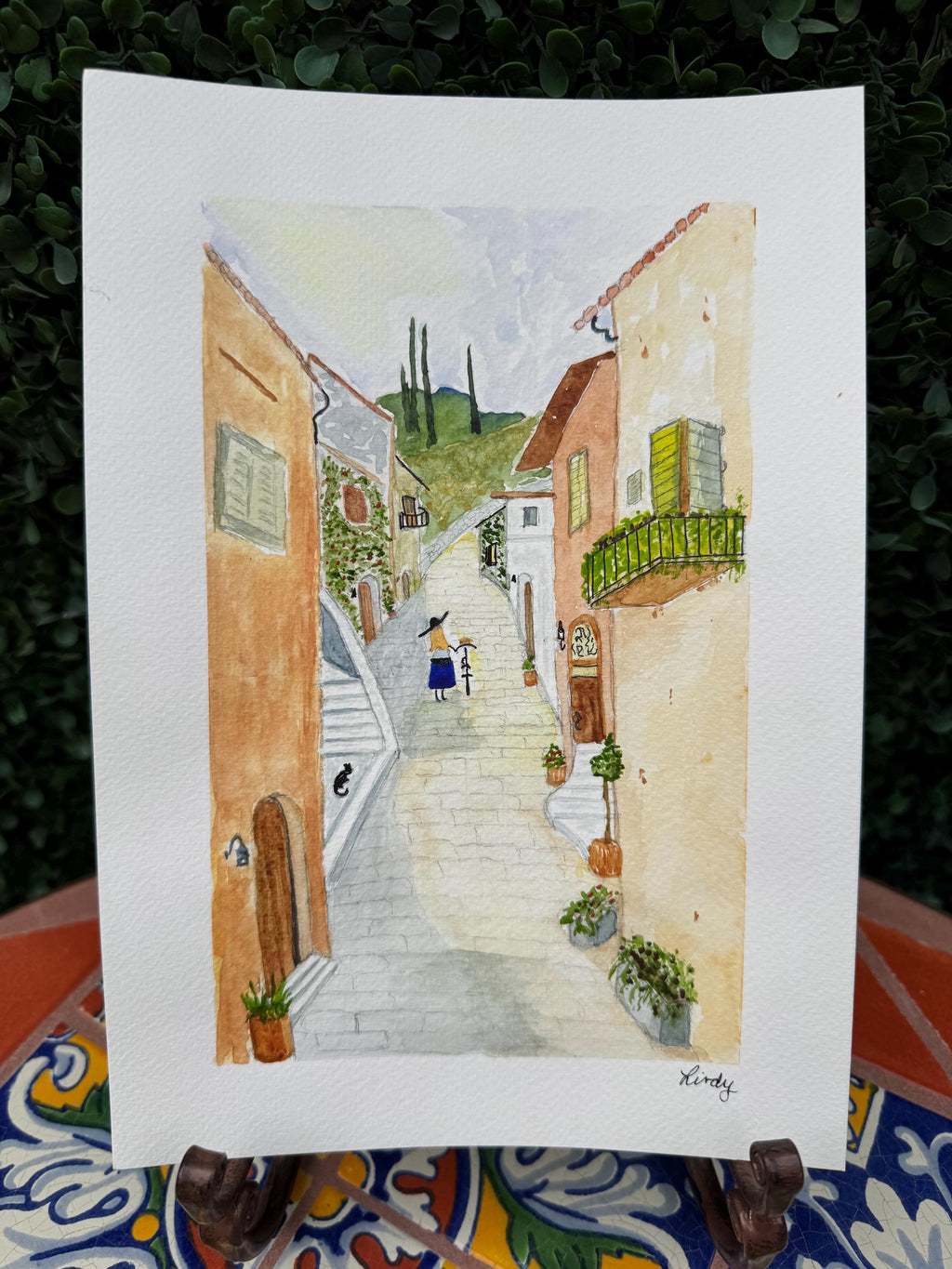 Hand painted watercolor girl with bicycle 7x10"
