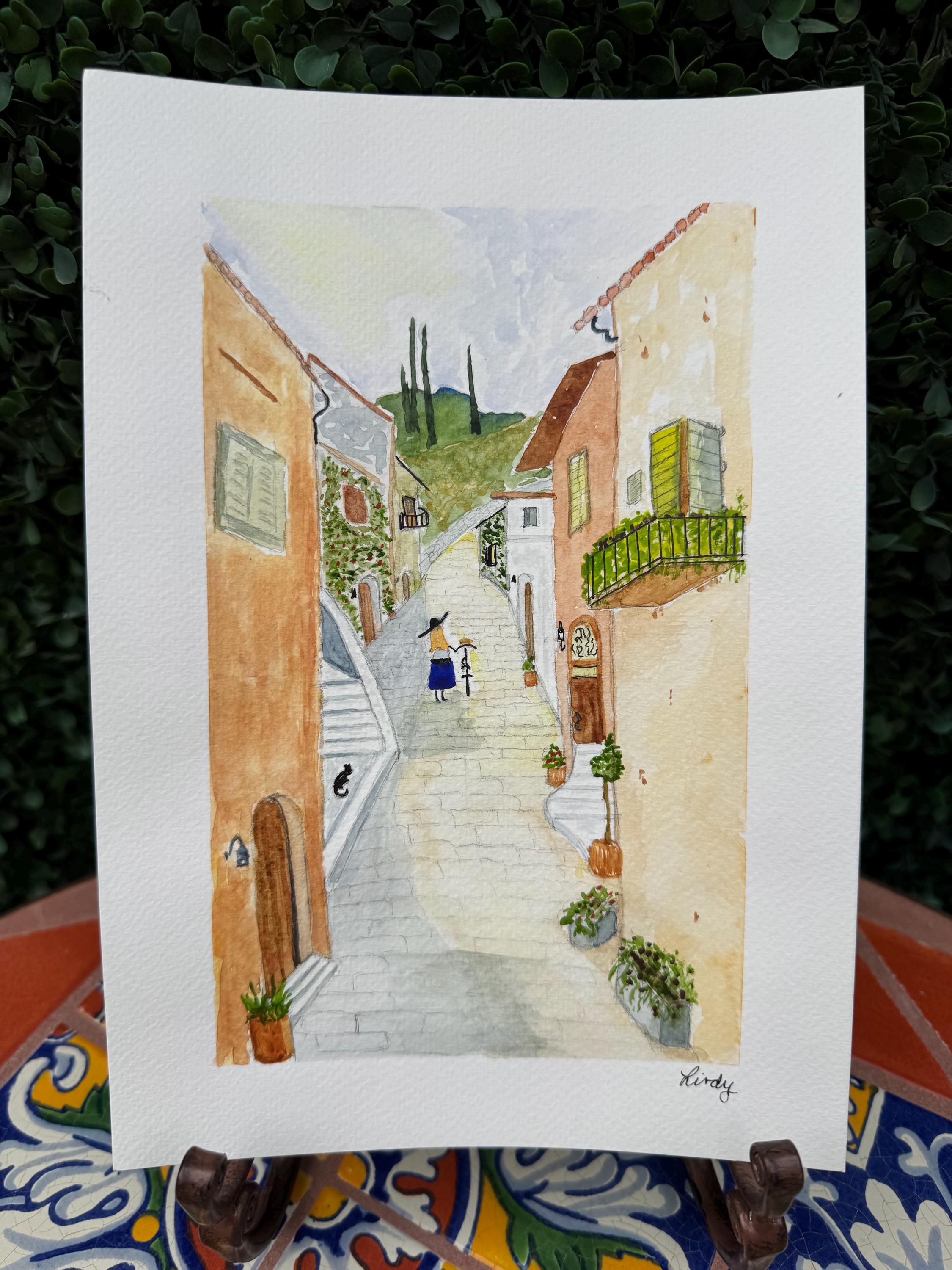 Hand painted watercolor girl with bicycle 7x10"