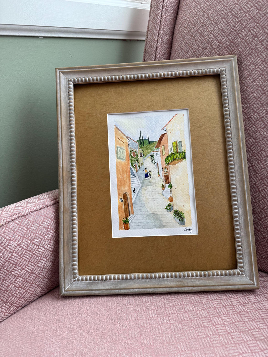 Hand painted watercolor girl with bicycle 7x10"