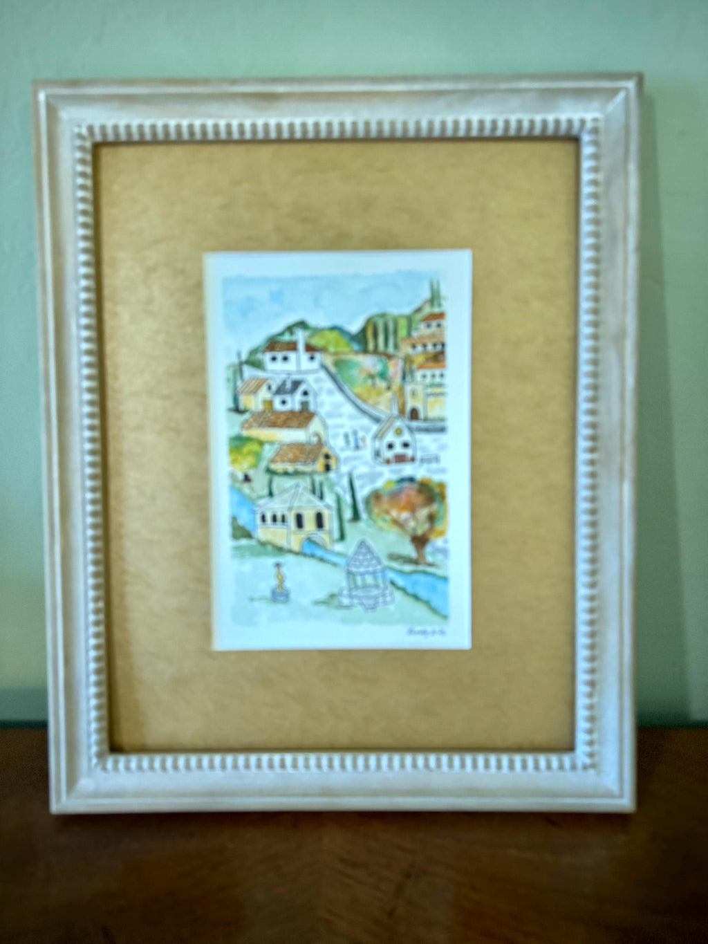 Little Village Church and statue- a handpainted watercolor original
