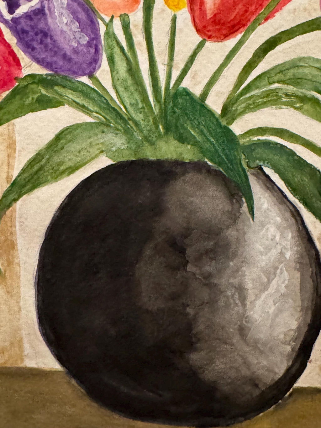 Tulips in black vase- an original watercolor