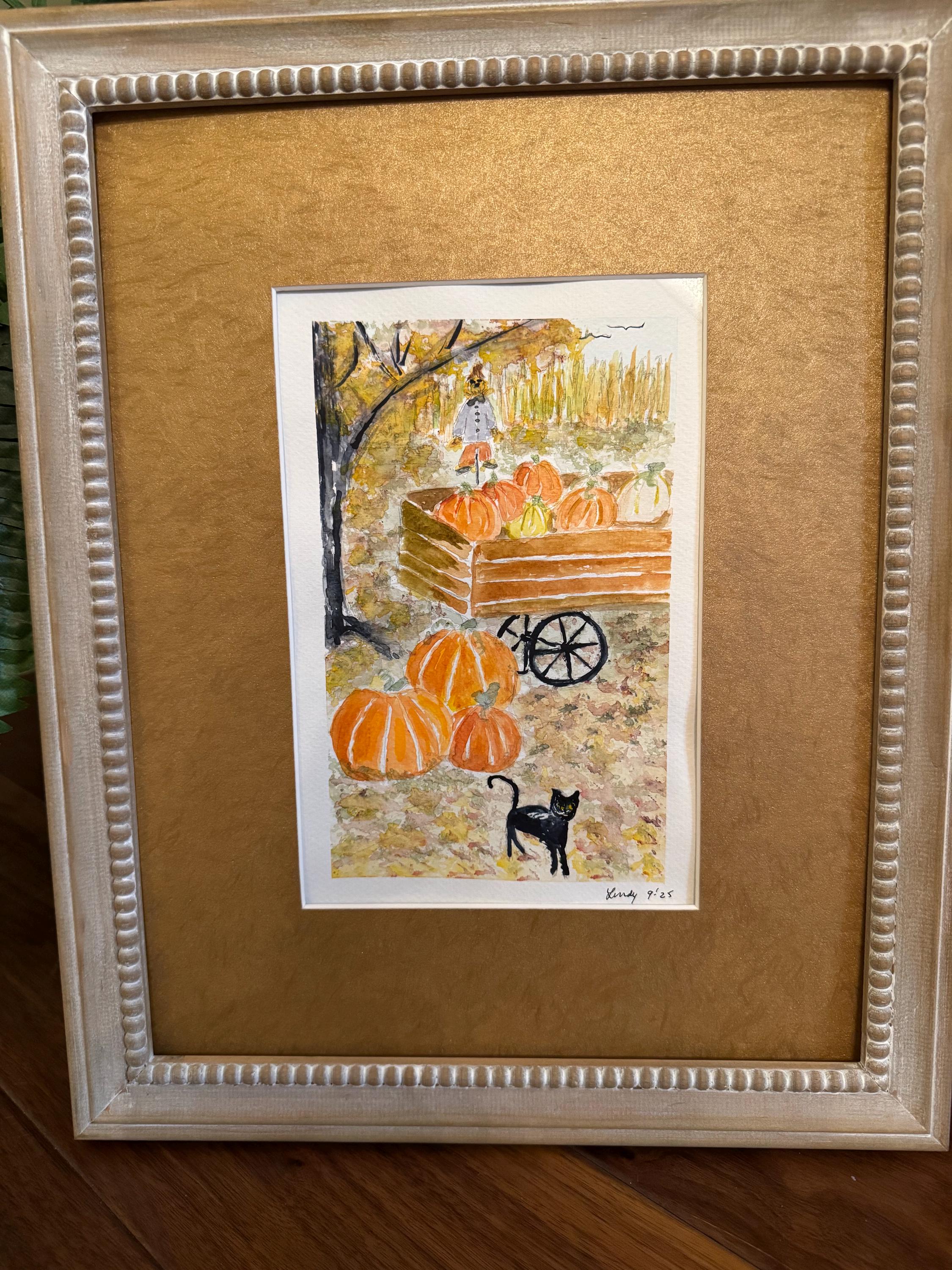 Original Hand painted watercolor Halloween scene