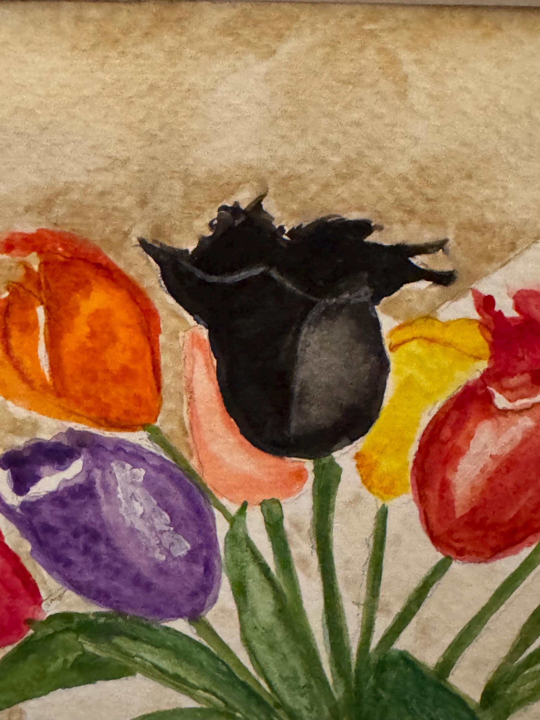 Tulips in black vase- an original watercolor