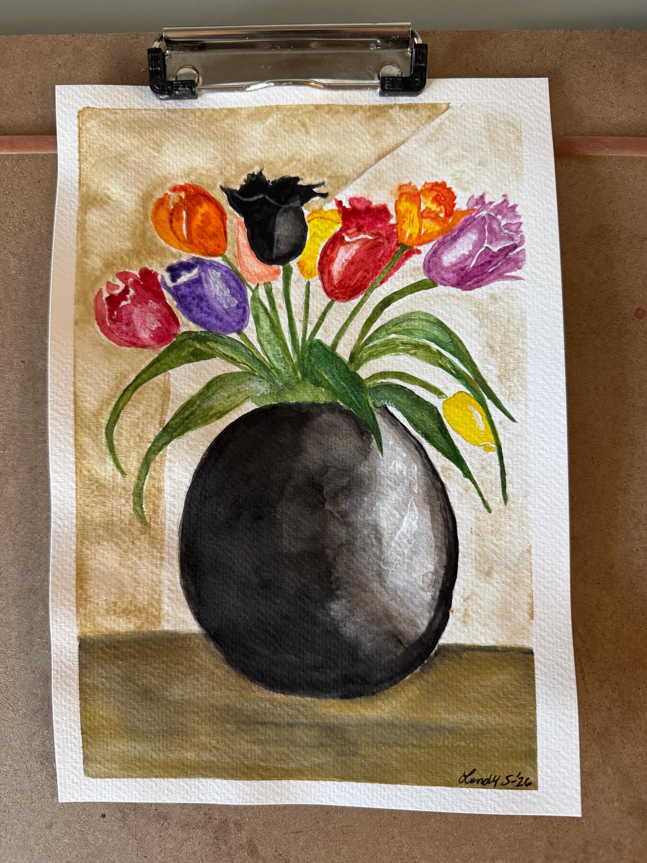 Tulips in black vase- an original watercolor