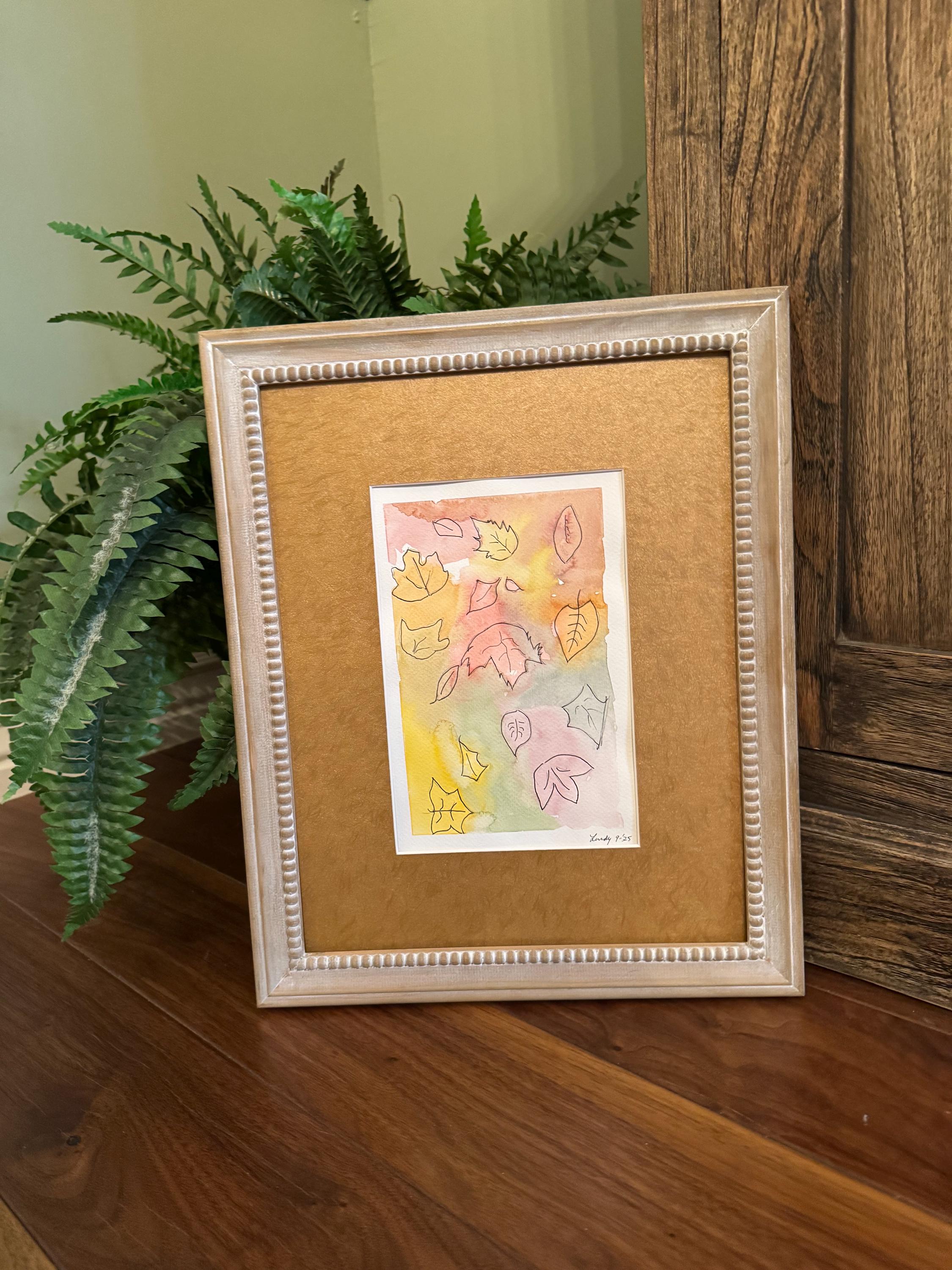 Original Pastel Watercolor falling leaves 7x10"